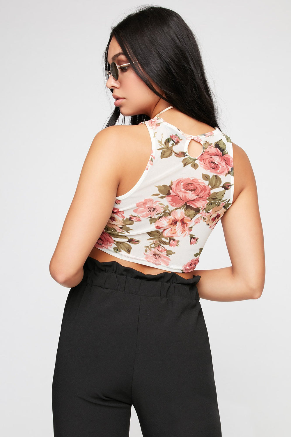 Women Floral Cropped Self-Tie Tank Ivory