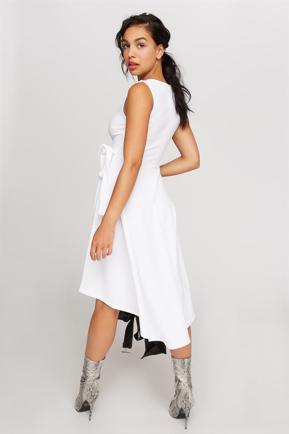 Women High-Low Ruffle Self-Tie Wrap Dress Ivory