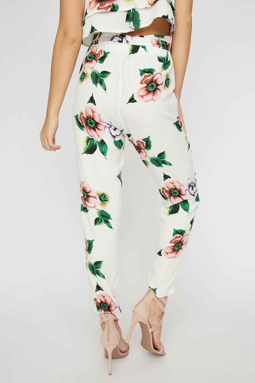 Women High-Rise Floral Drawstring Paperbag Pant Ivory