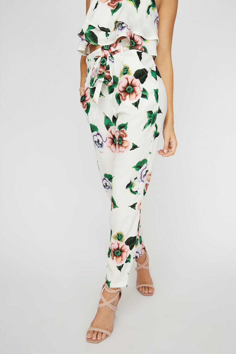 Women High-Rise Floral Drawstring Paperbag Pant Ivory