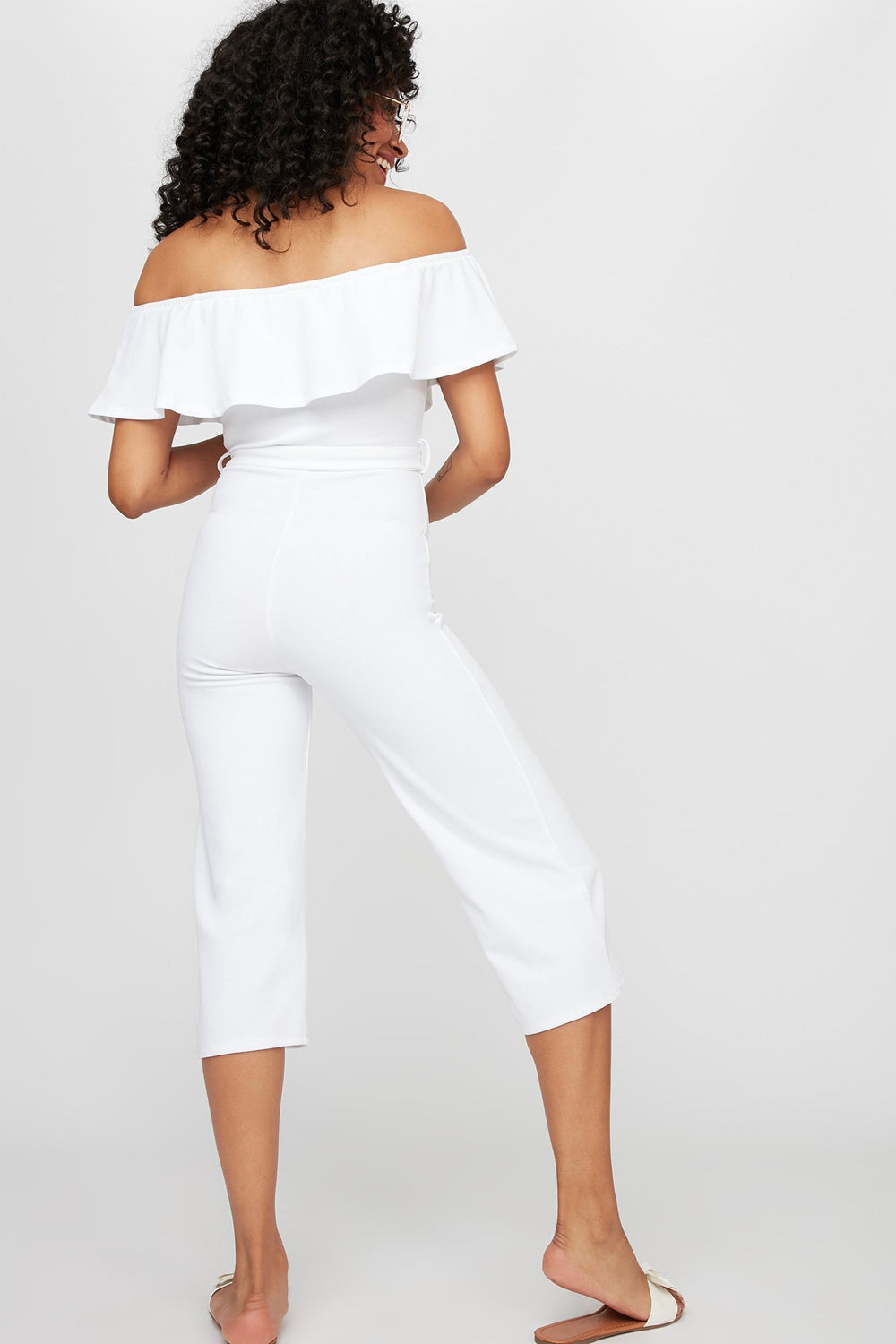 Women Off The Shoulder Ruffle Belted Culotte Jumpsuit Ivory