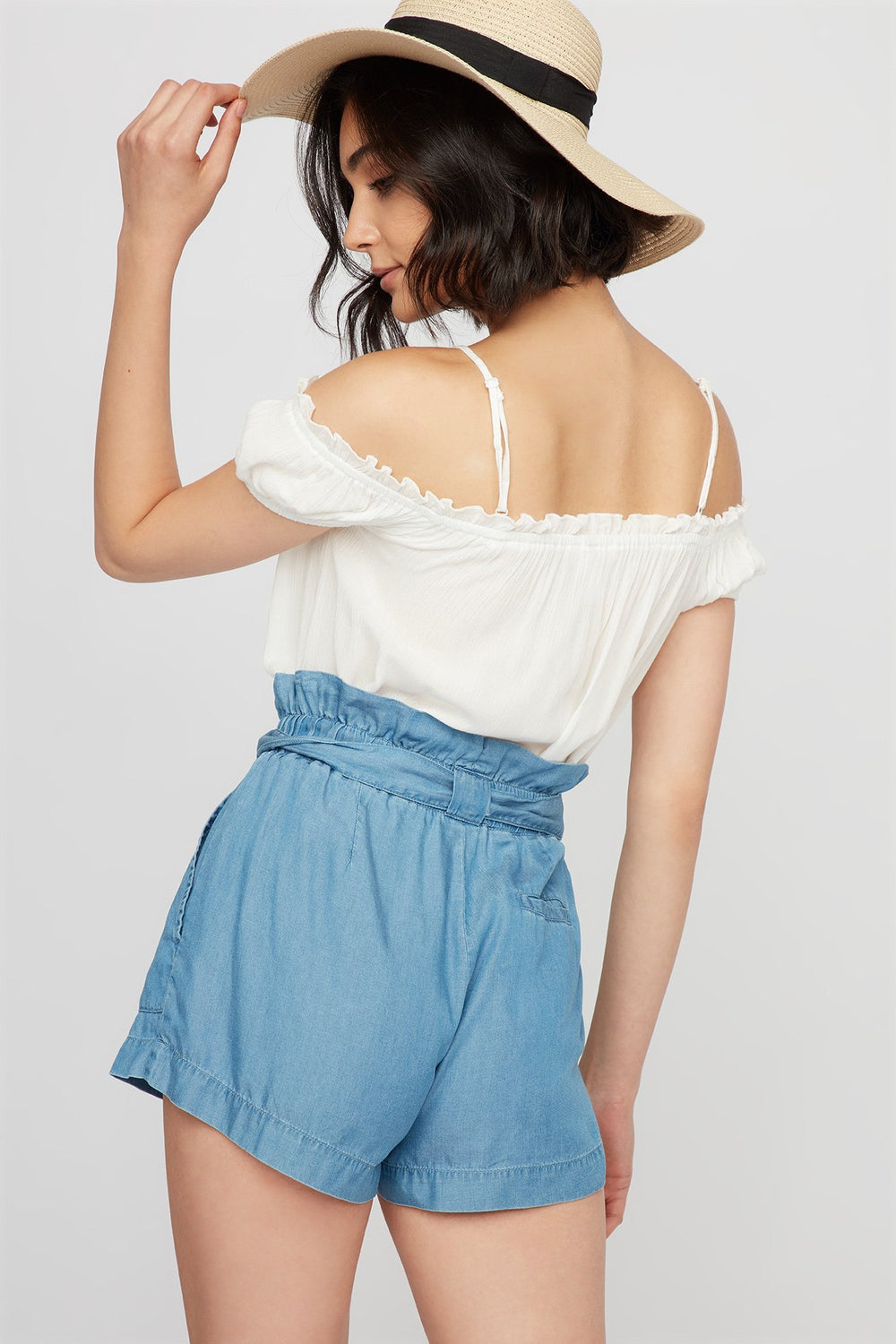 Women Cold Shoulder Button-Up Ruffle Blouse Ivory