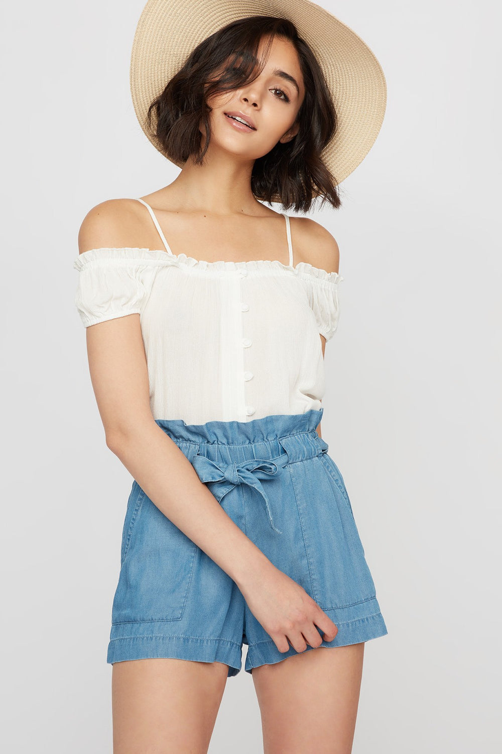 Women Cold Shoulder Button-Up Ruffle Blouse Ivory