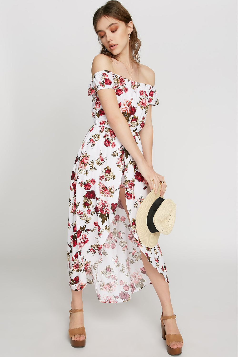 Women Floral Off The Shoulder Walkthrough Romper Ivory
