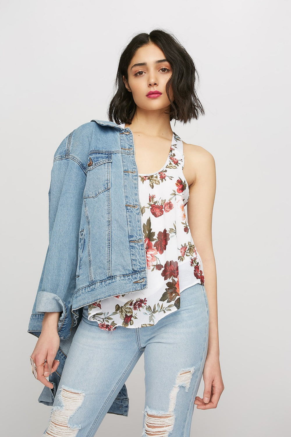 women Floral Racerback Chiffon Dolphin Hem Tank Ivory