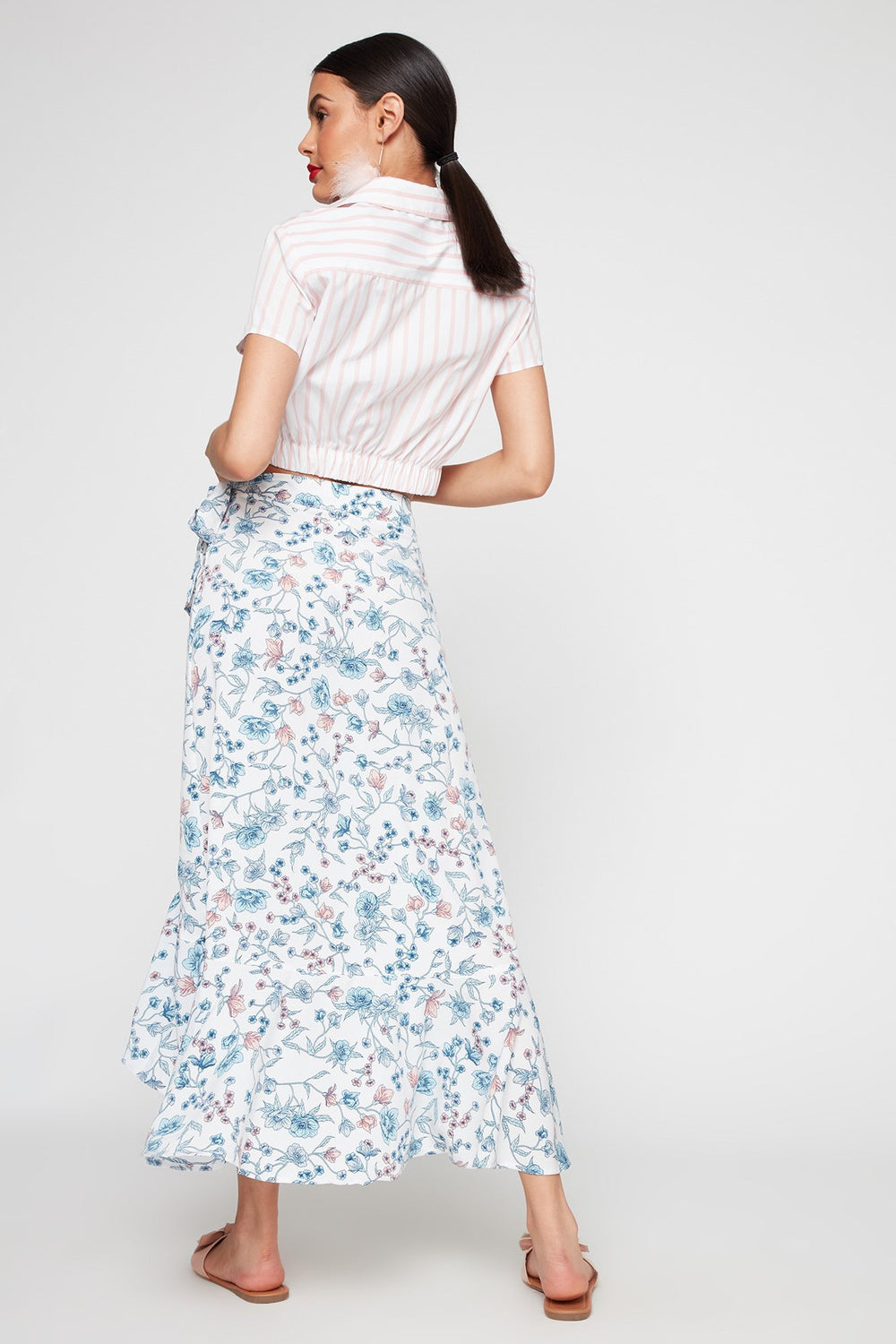 Women High-Rise Floral Ruffle Wrap Maxi Skirt Ivory