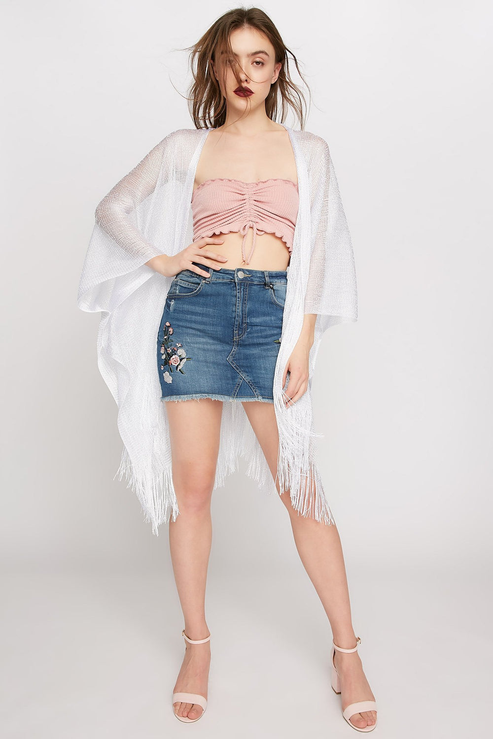 Women Metallic Fringe Beach Kimono Ivory