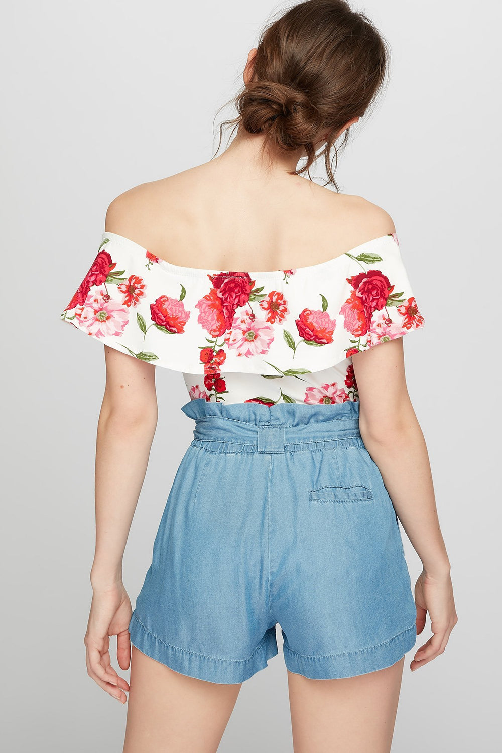 Women Off The Shoulder Floral Ruffle Bodysuit Ivory