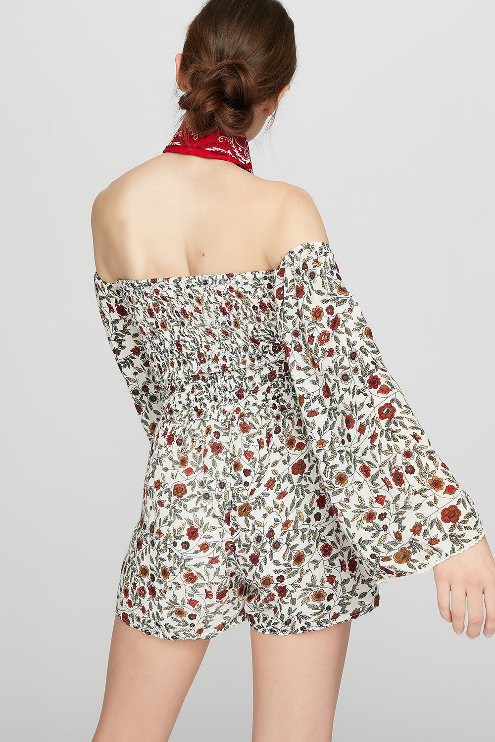 Women Off The Shoulder Floral Smocked Bell Sleeve Romper Ivory