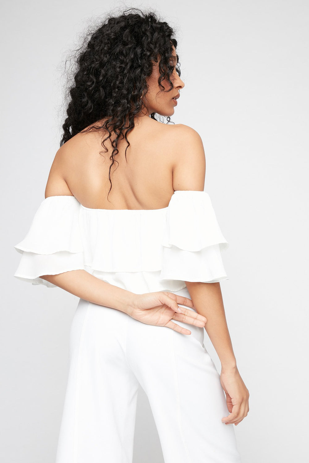 Women Off The Shoulder Ruffle Bell Sleeve Cropped Blouse Ivory