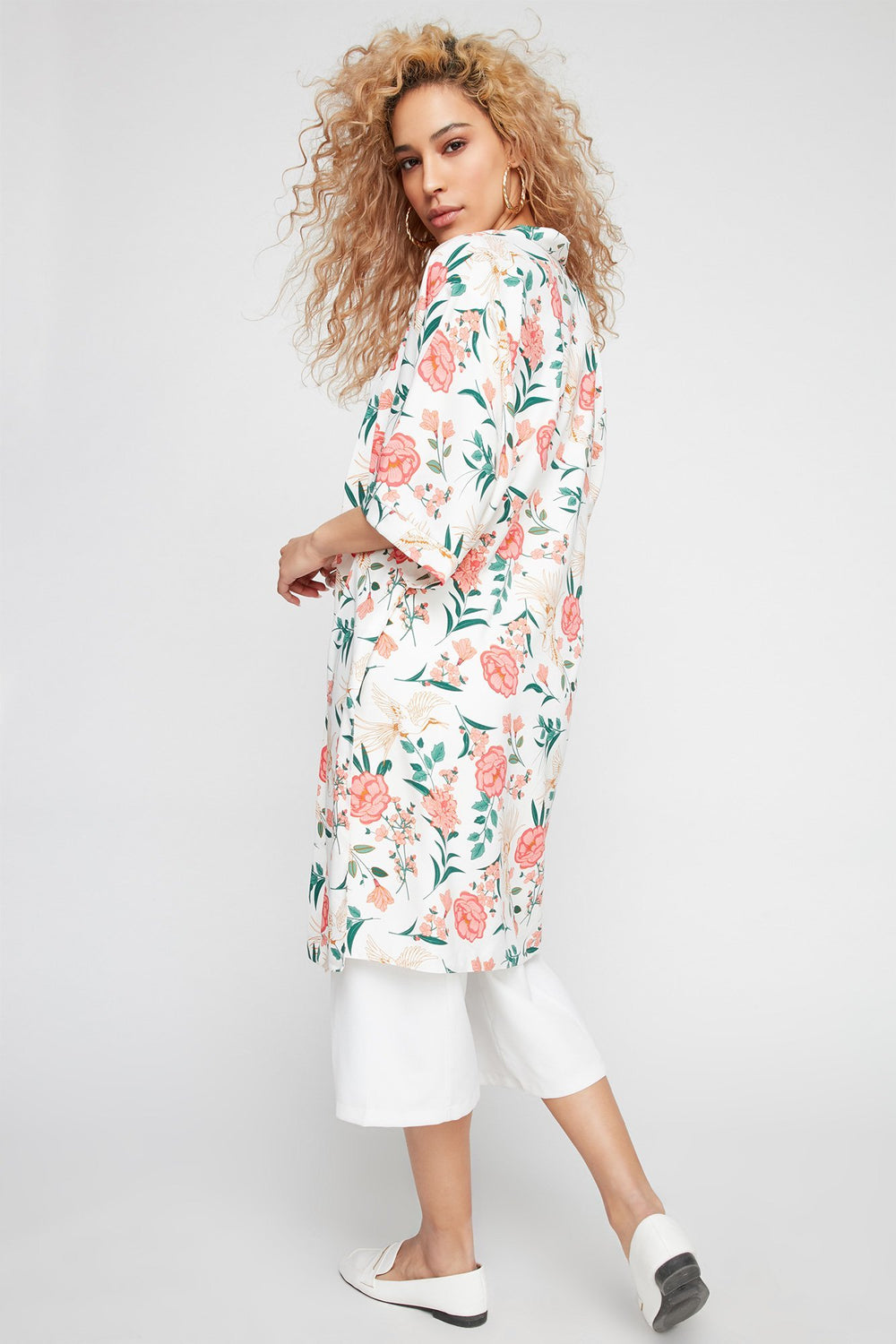 Women Open-Front Floral Side Slit Kimono Cardigan Ivory