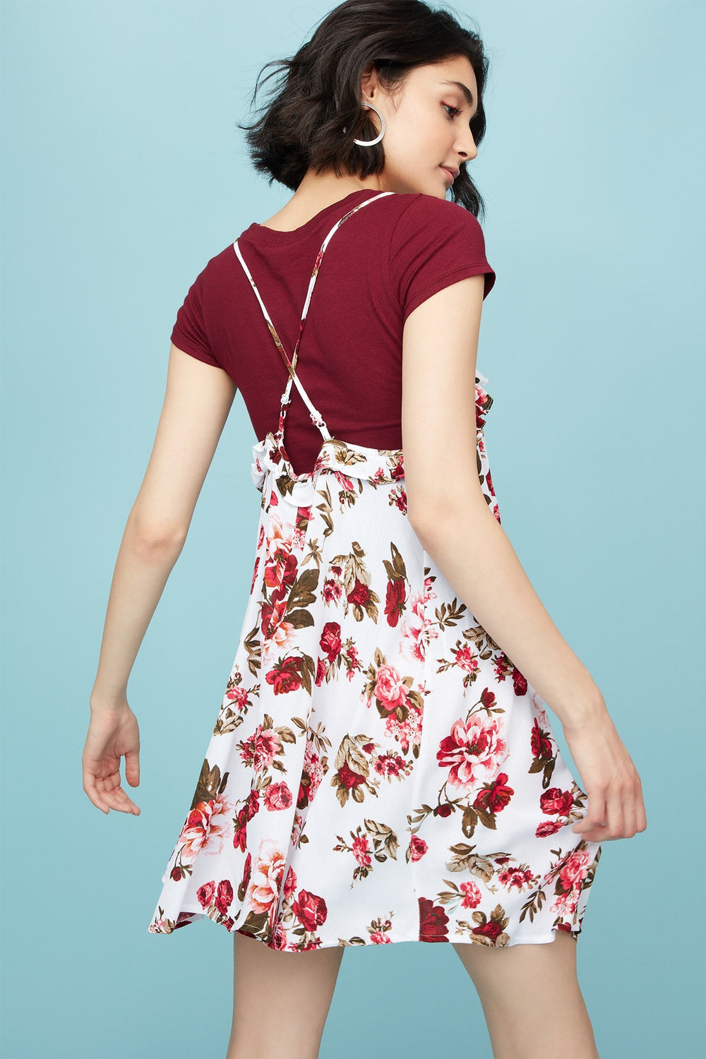 Women Ruffle Floral Camisole Shift Dress Ivory