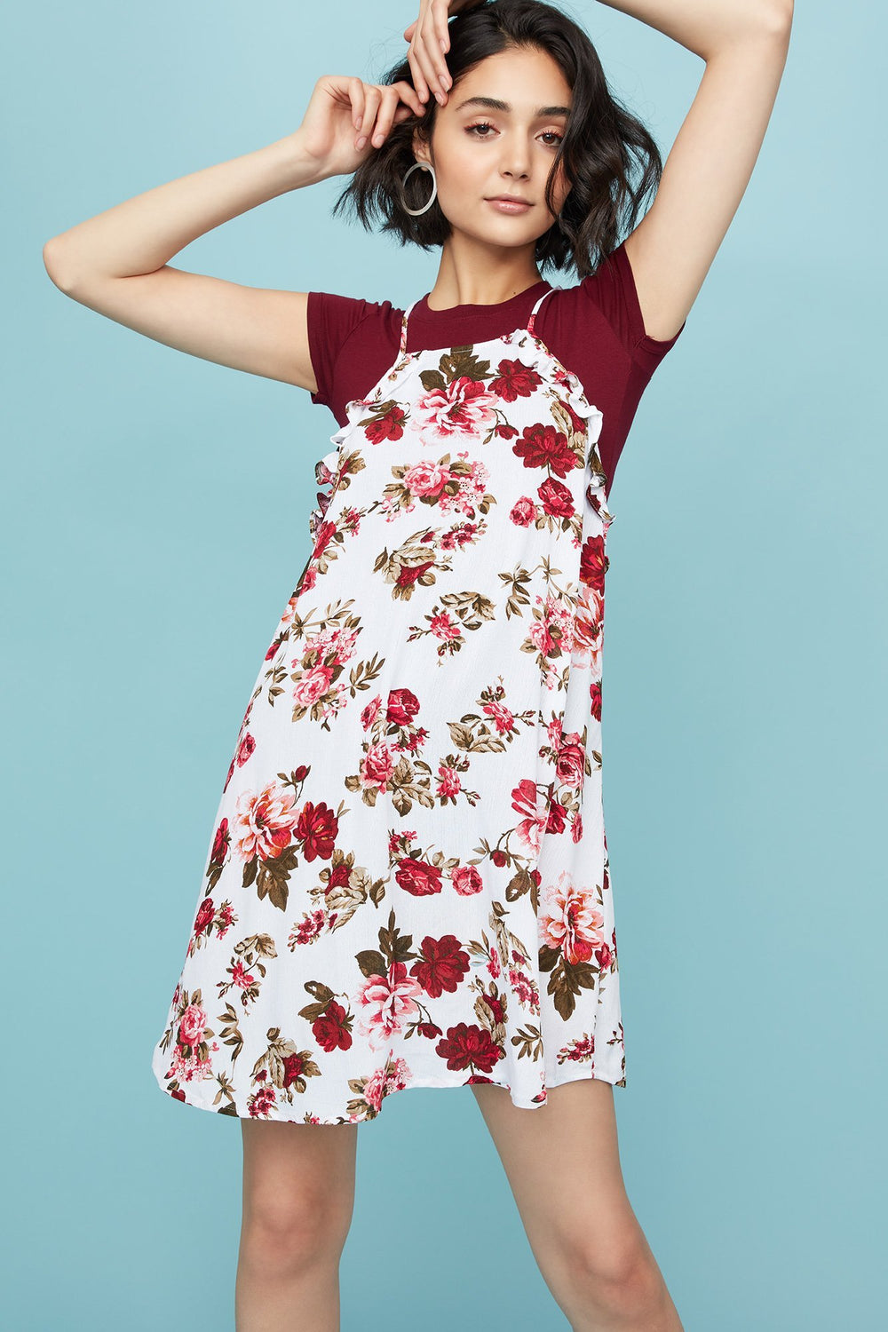 Women Ruffle Floral Camisole Shift Dress Ivory