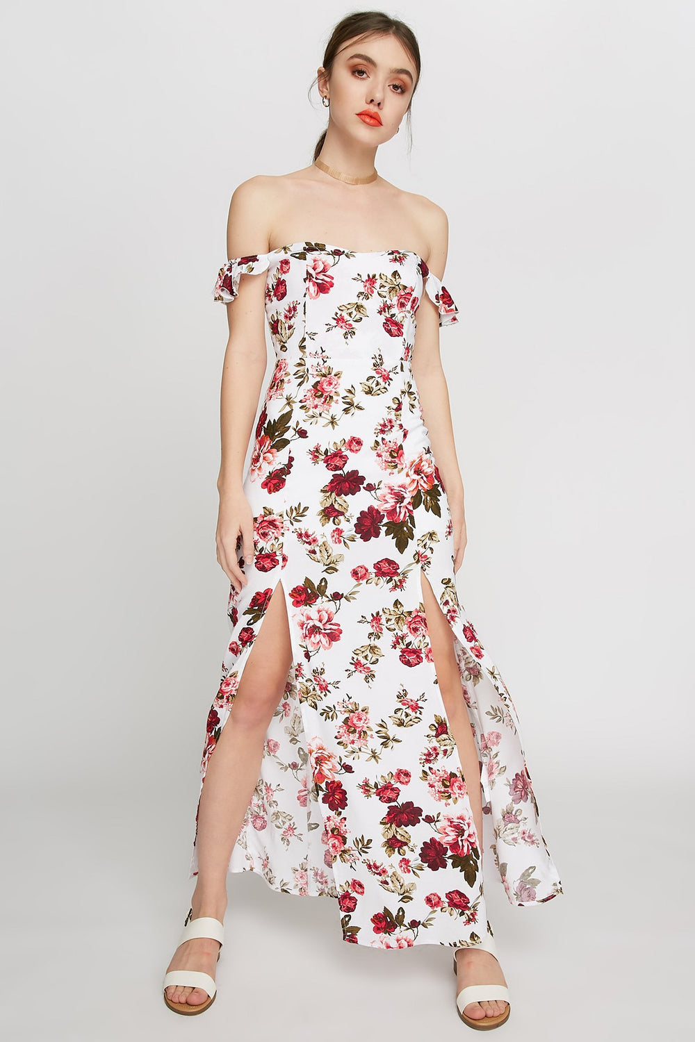 Women Ruffle Floral Off The Shoulder Slit Maxi Dress Ivory