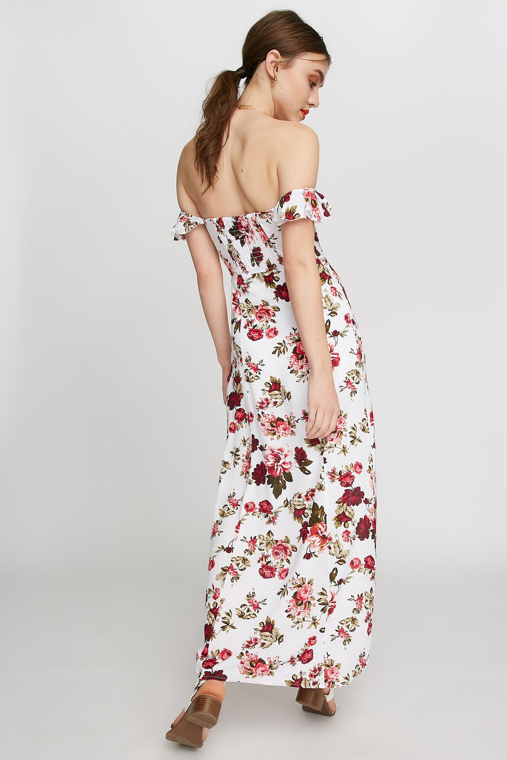 Women Ruffle Floral Off The Shoulder Slit Maxi Dress Ivory