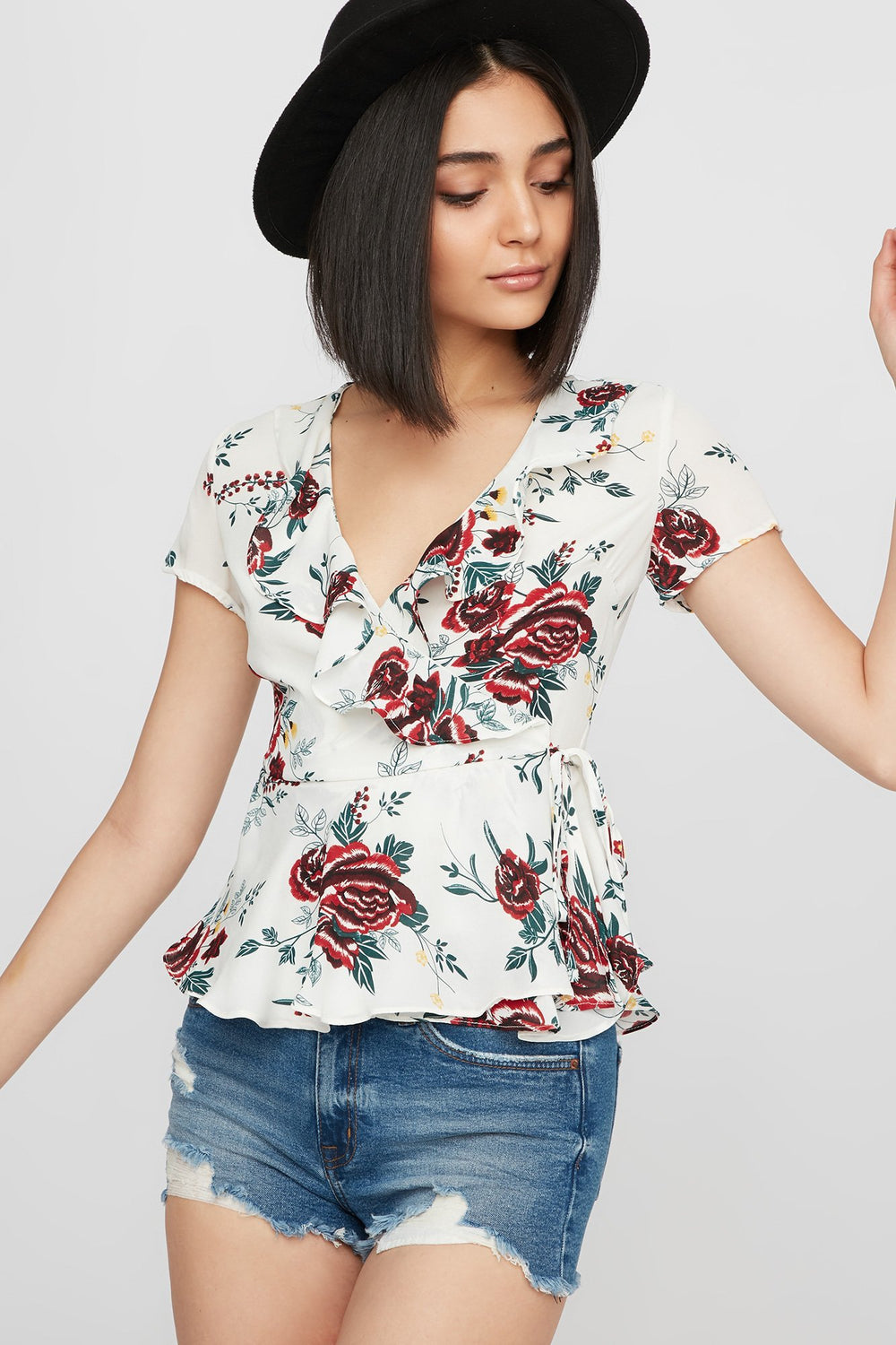 Women Ruffle Floral Wrap Blouse Ivory