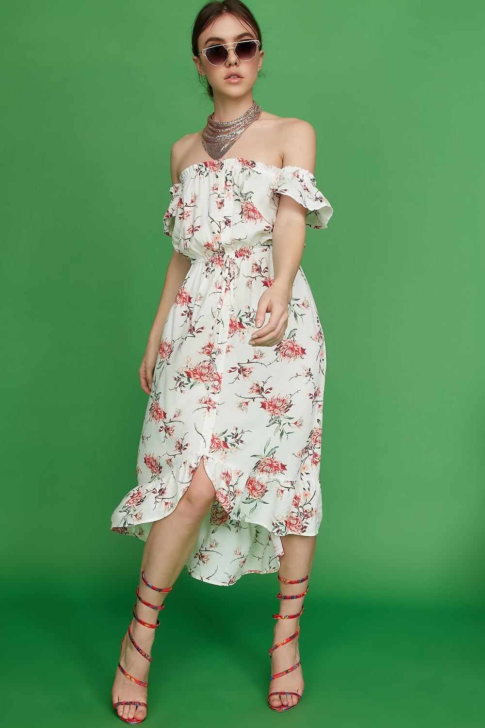 Women Ruffle Off The Shoulder High-Low Drawstring Midi Dress Ivory