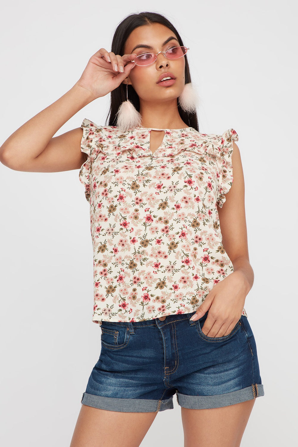 Women Ruffle Sleeve Floral Choker Blouse Ivory