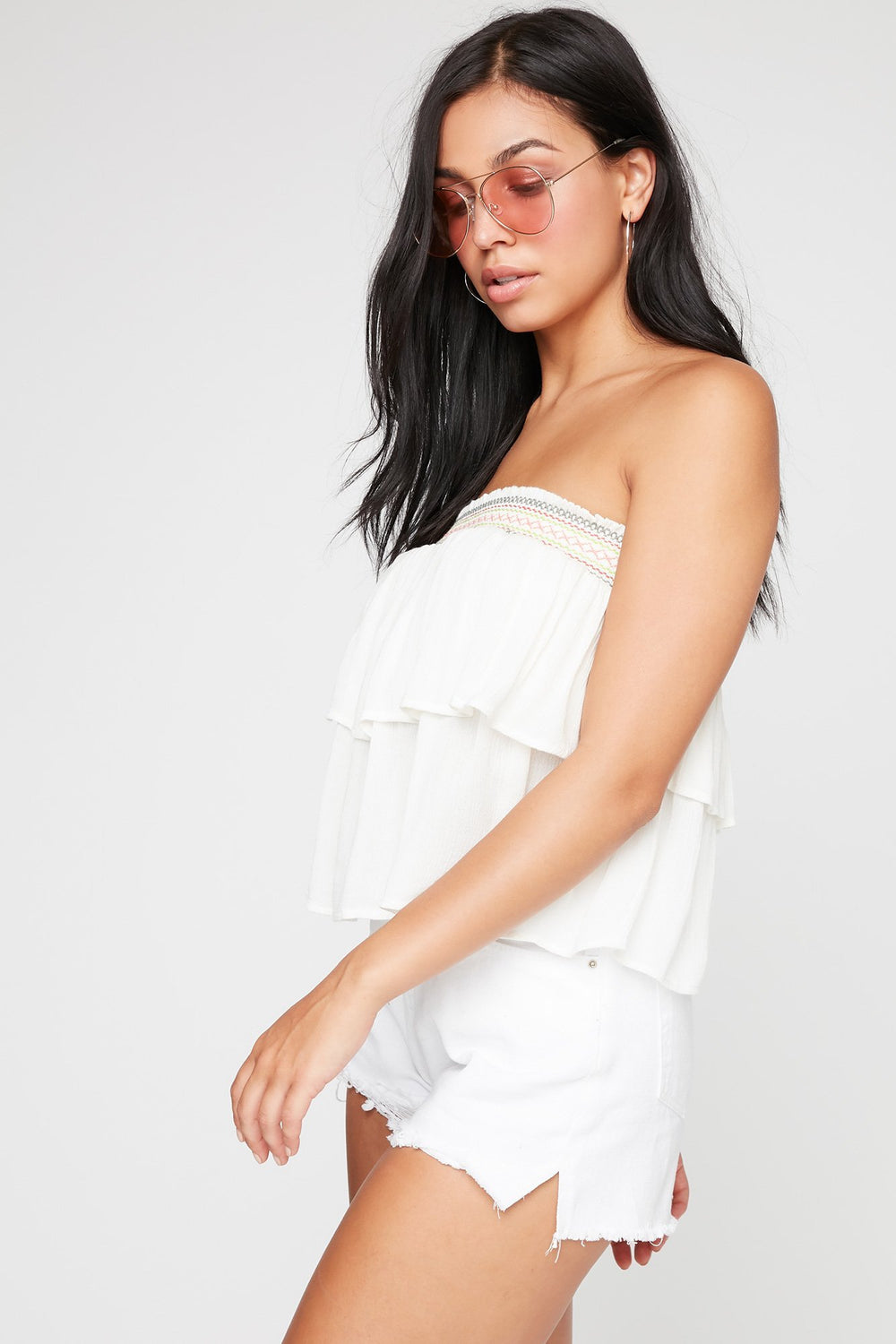 Women Smocked Ruffle Embroidered Tube Top Ivory