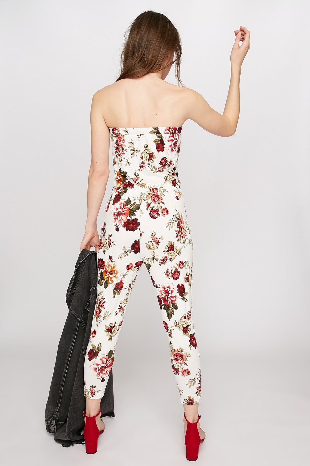 Women Strapless Floral Drawstring Jumpsuit Ivory