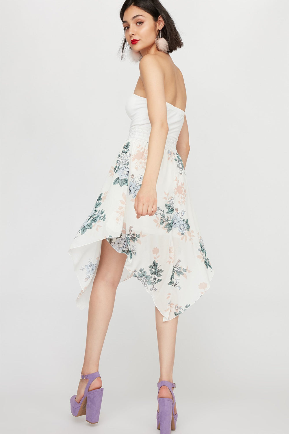 Women Strapless Lightweight Floral High-Low Dress Ivory