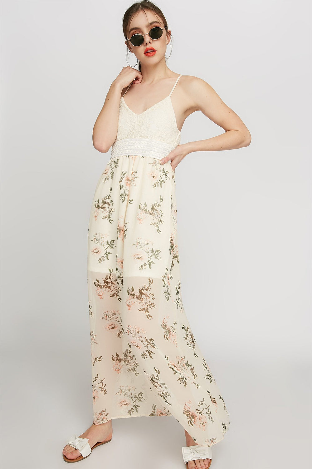 Women V-Neck Lace Woven Floral Maxi Dress Ivory