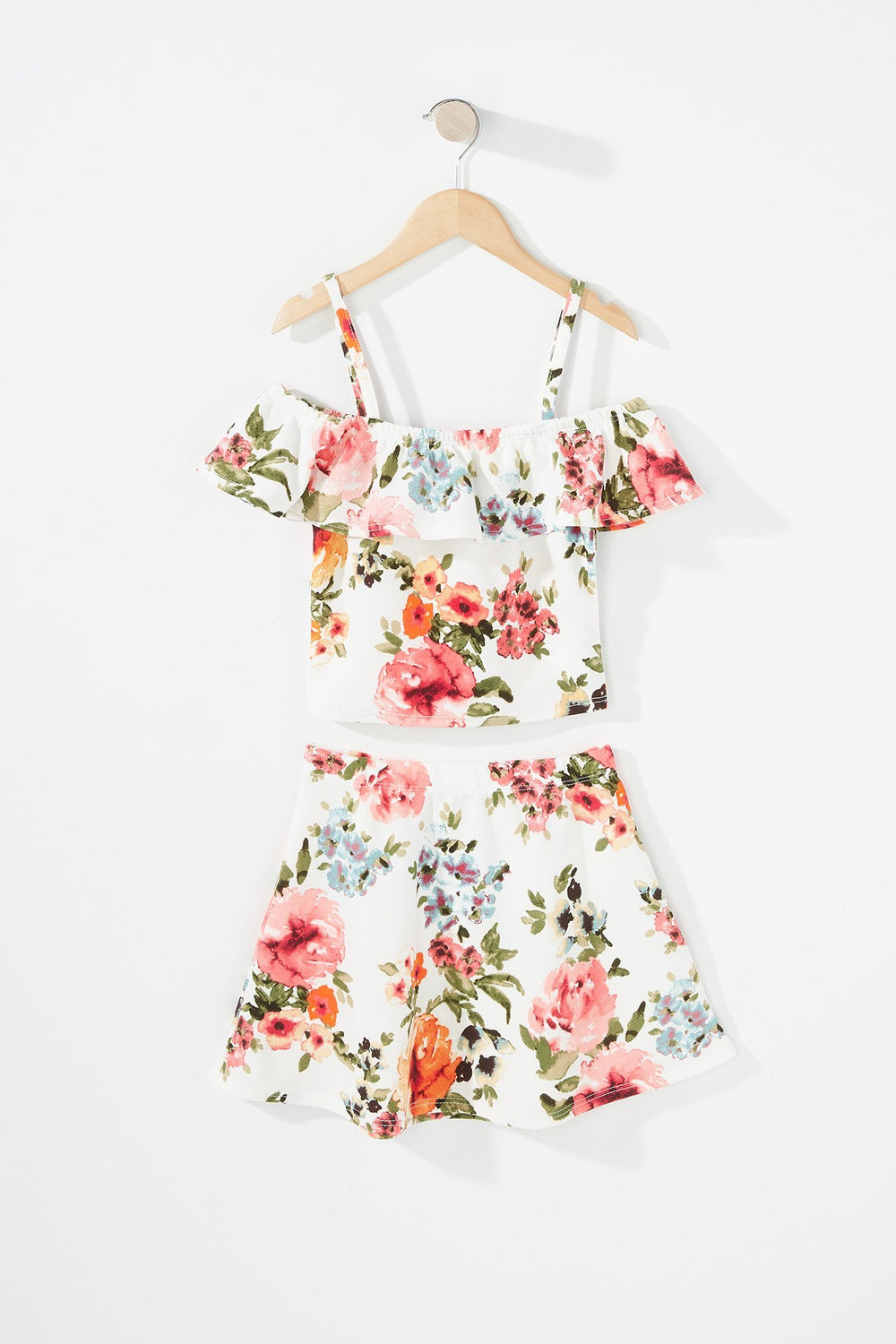 Kids Girls 2-Piece Floral Ruffle Blouse & Skirt Set Ivory