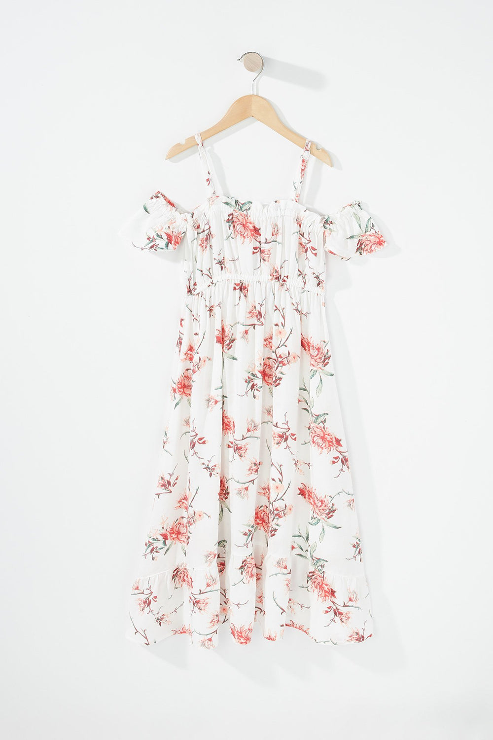 Kids Girls Cold Shoulder Floral Ruffle Button-Up Maxi Dress Ivory