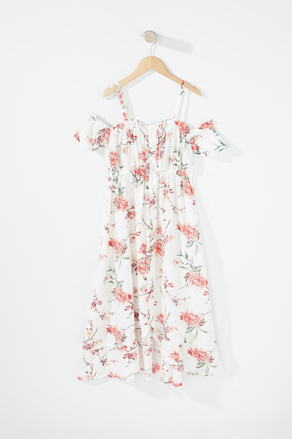 Kids Girls Cold Shoulder Floral Ruffle Button-Up Maxi Dress Ivory