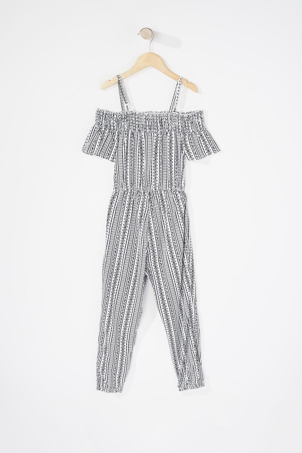 Kids Girls Cold Shoulder Smocked Printed Jumpsuit Ivory