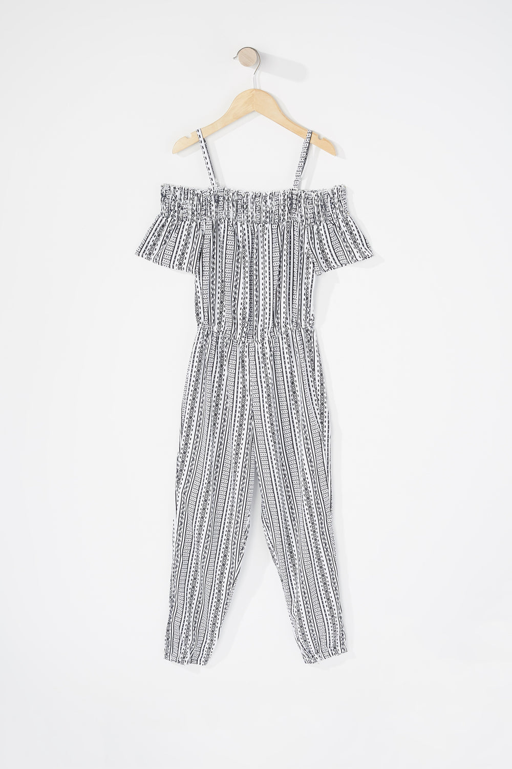 Kids Girls Cold Shoulder Smocked Printed Jumpsuit Ivory