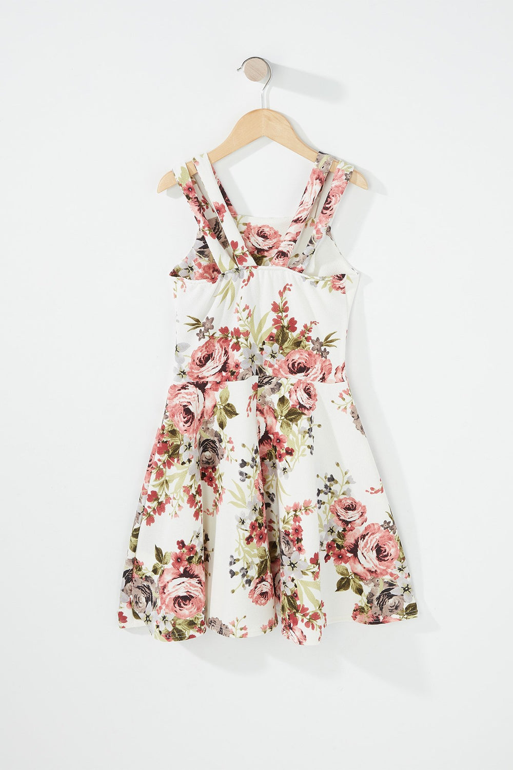 Kids Girls Dual Strap Floral Pleated Dress Ivory