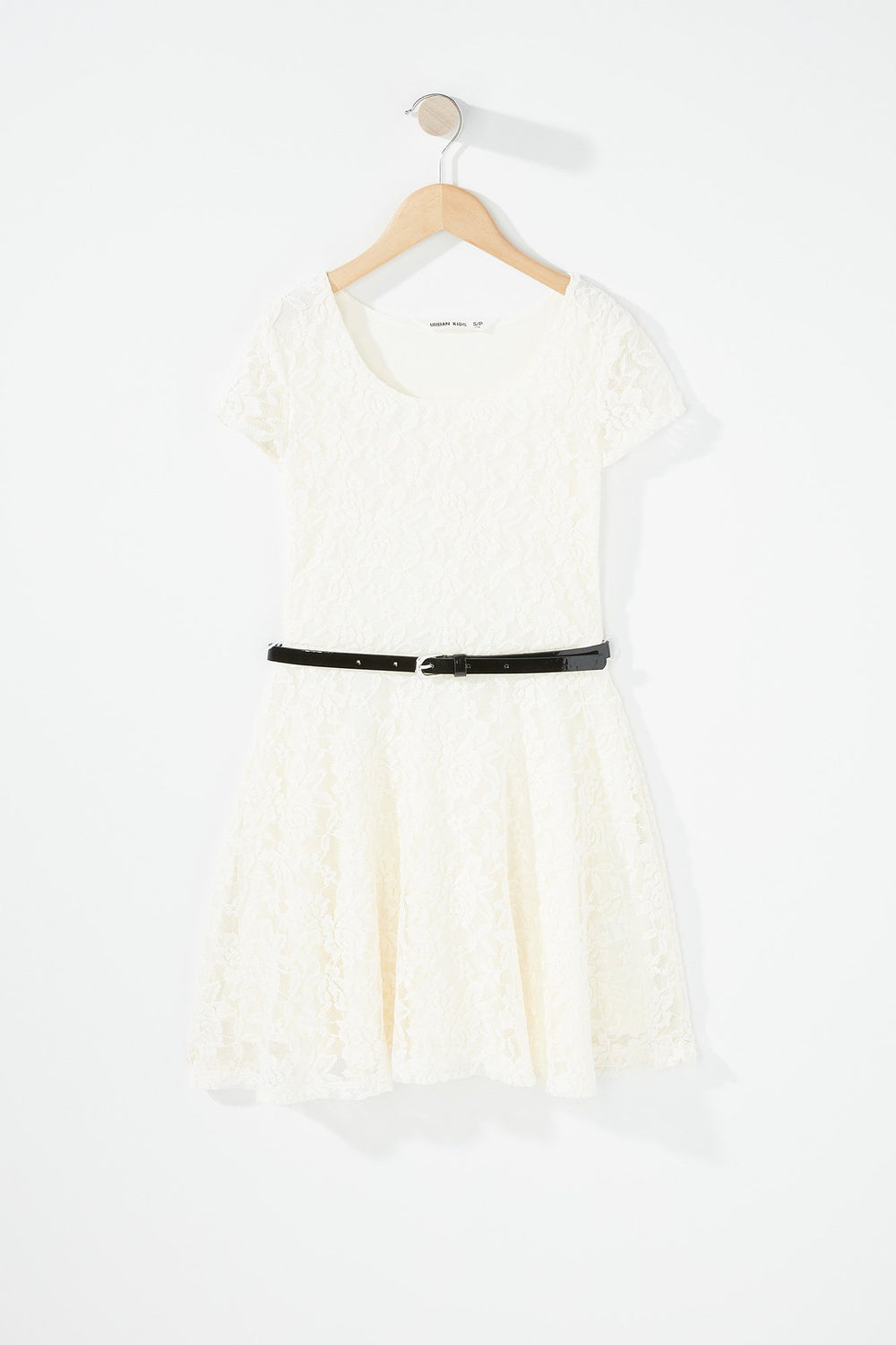 Kids Girls Lace Belted Skater Dress Ivory