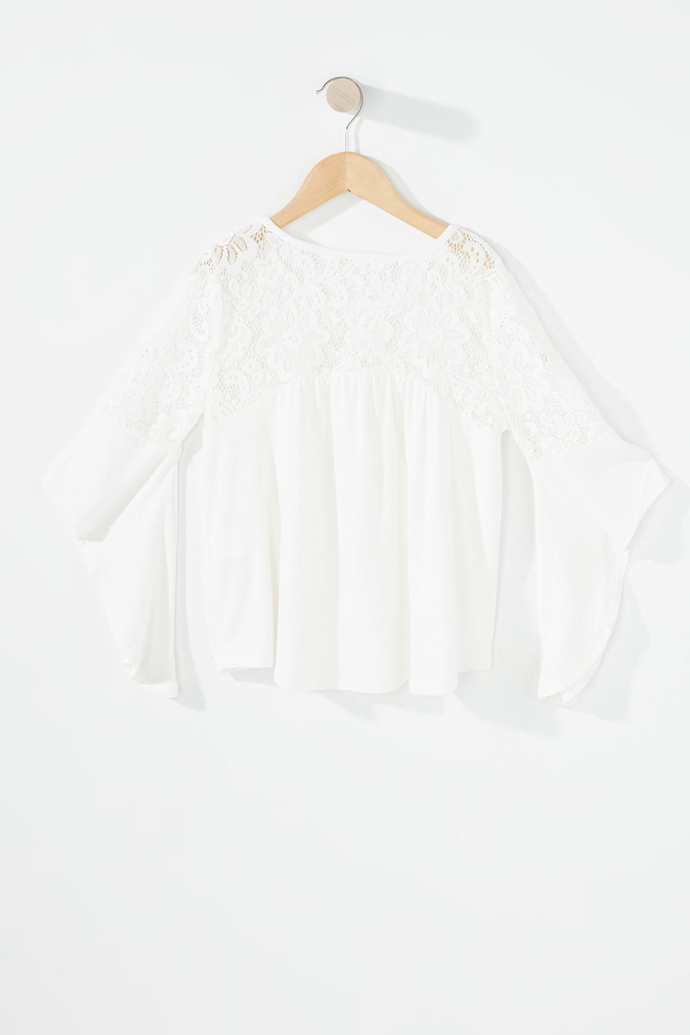 Kids Girls Lace Ruffle Slit Bell Sleeve Blouse Ivory