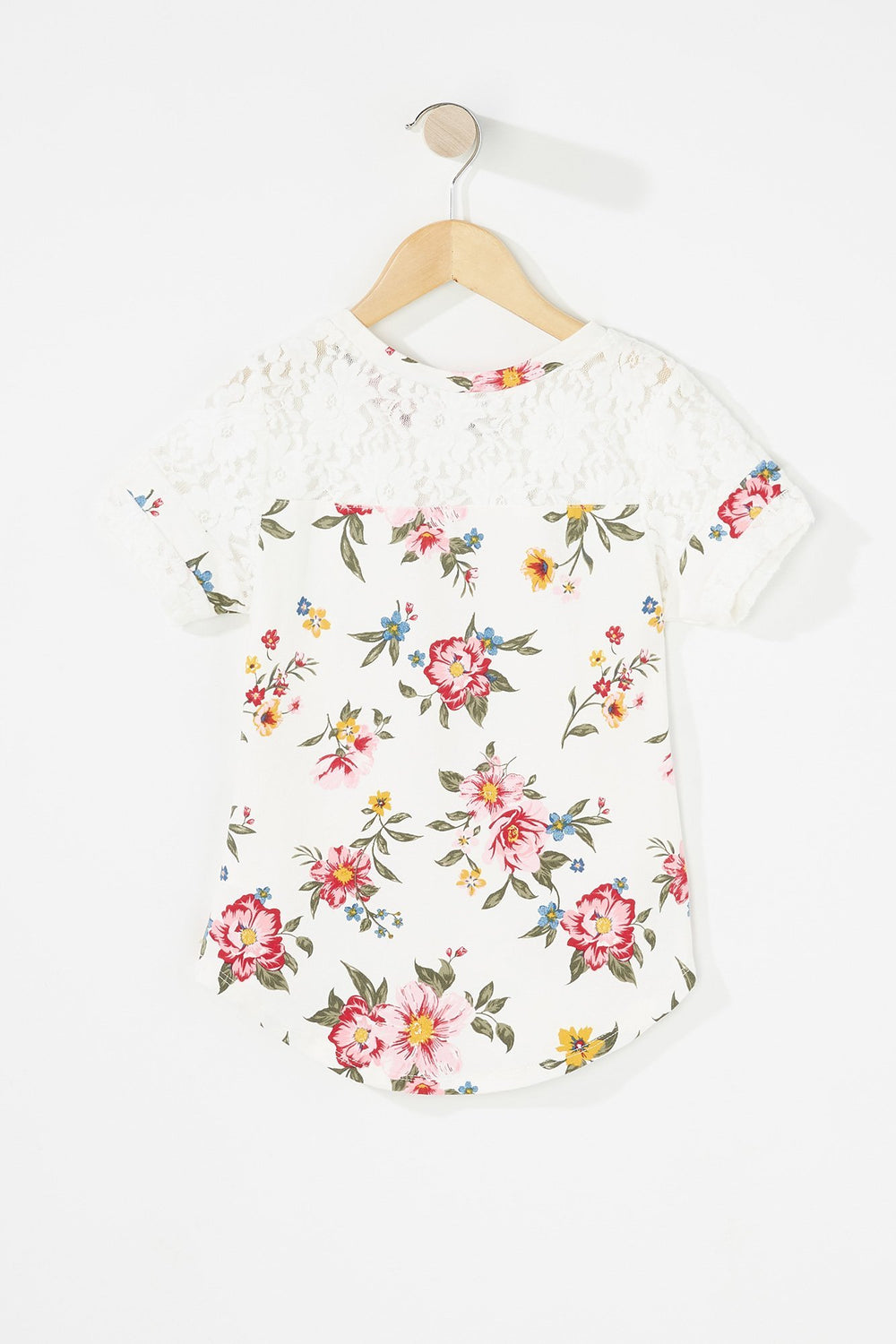 Kids Girls Lace Sleeve Varsity Stripe Floral T-Shirt Ivory