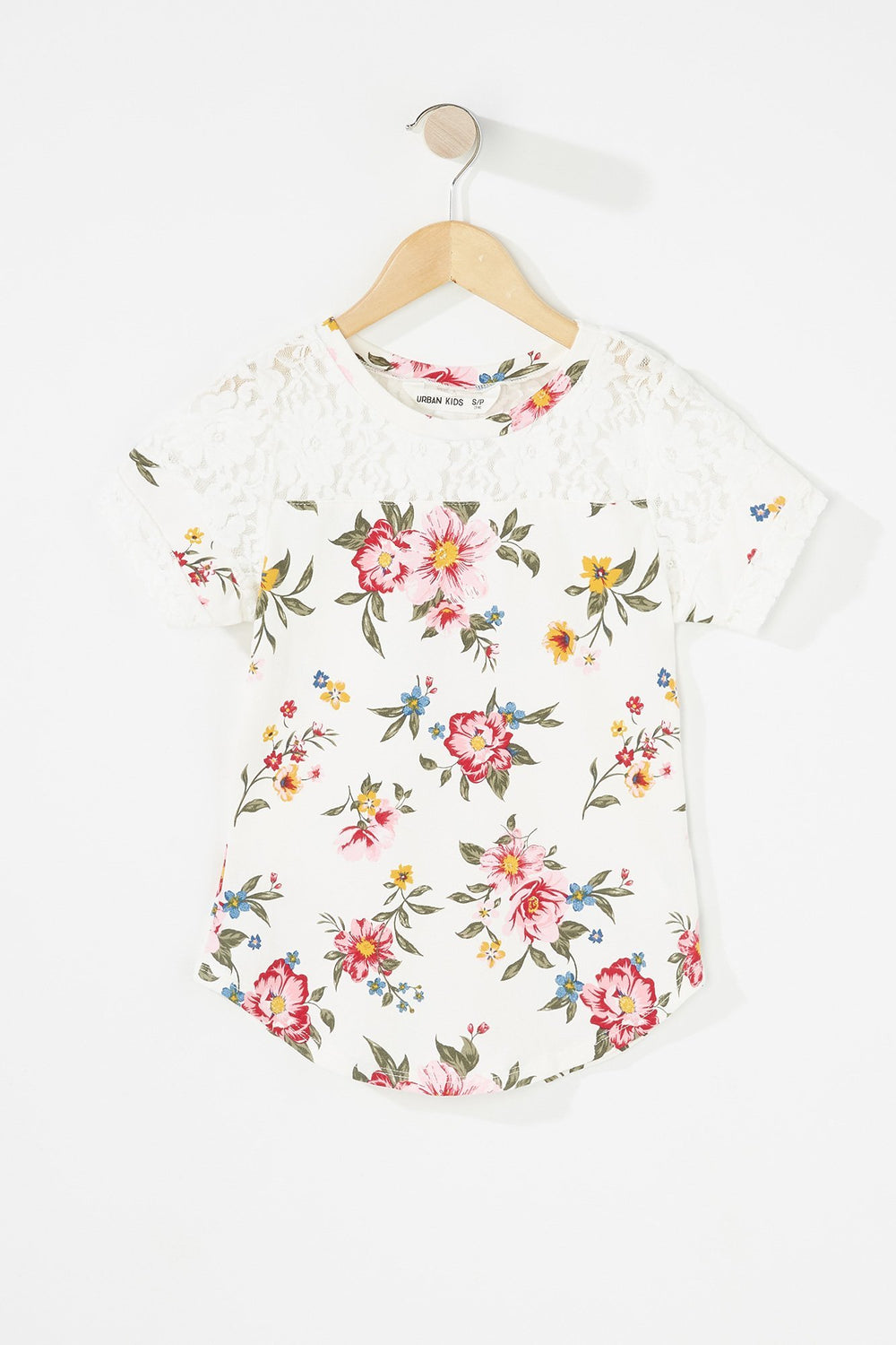 Kids Girls Lace Sleeve Varsity Stripe Floral T-Shirt Ivory