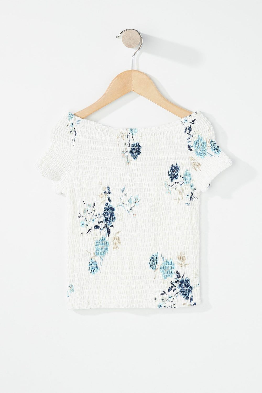 Kids Girls Off The Shoulder Smocked Floral T-Shirt Ivory