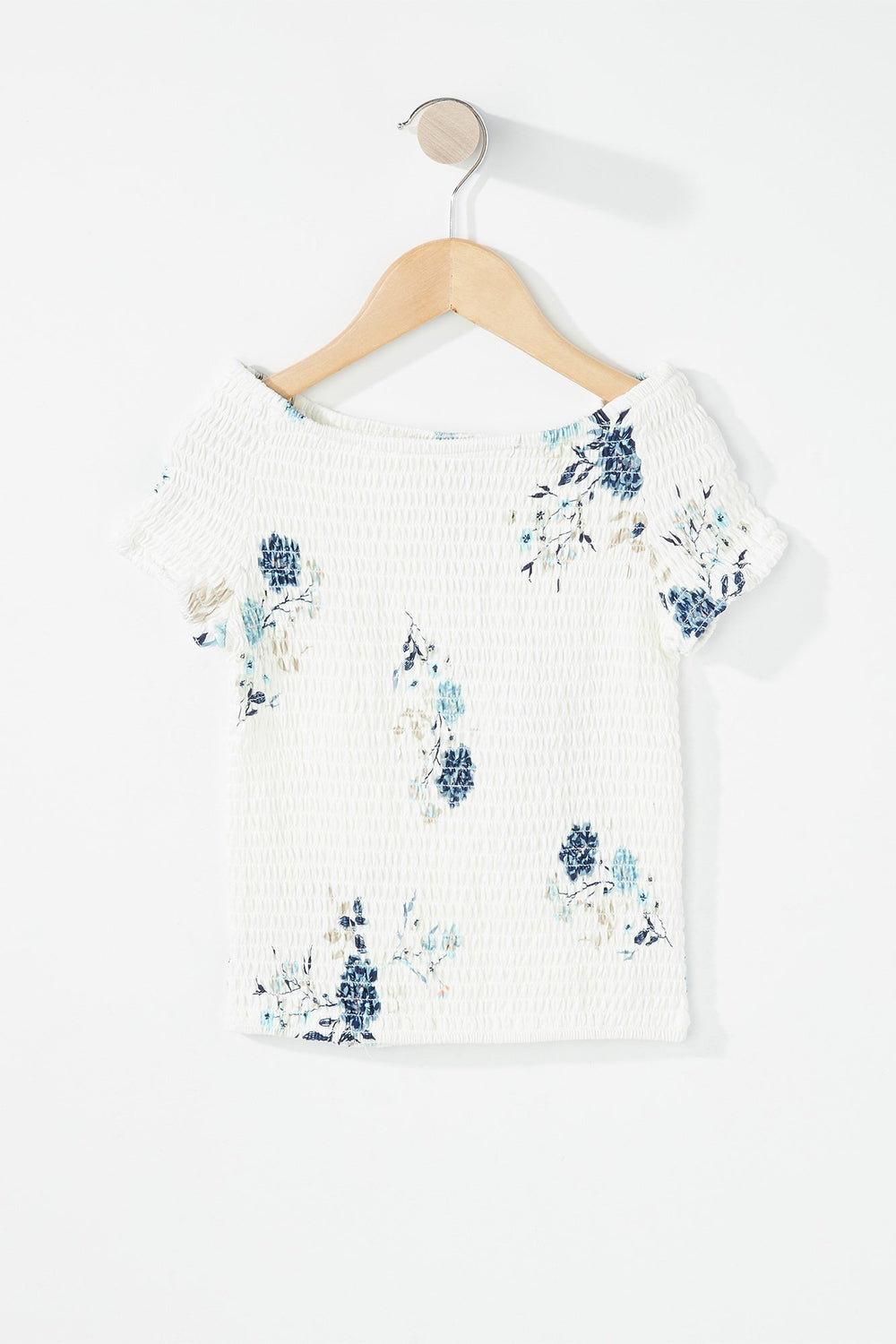 Kids Girls Off The Shoulder Smocked Floral T-Shirt Ivory
