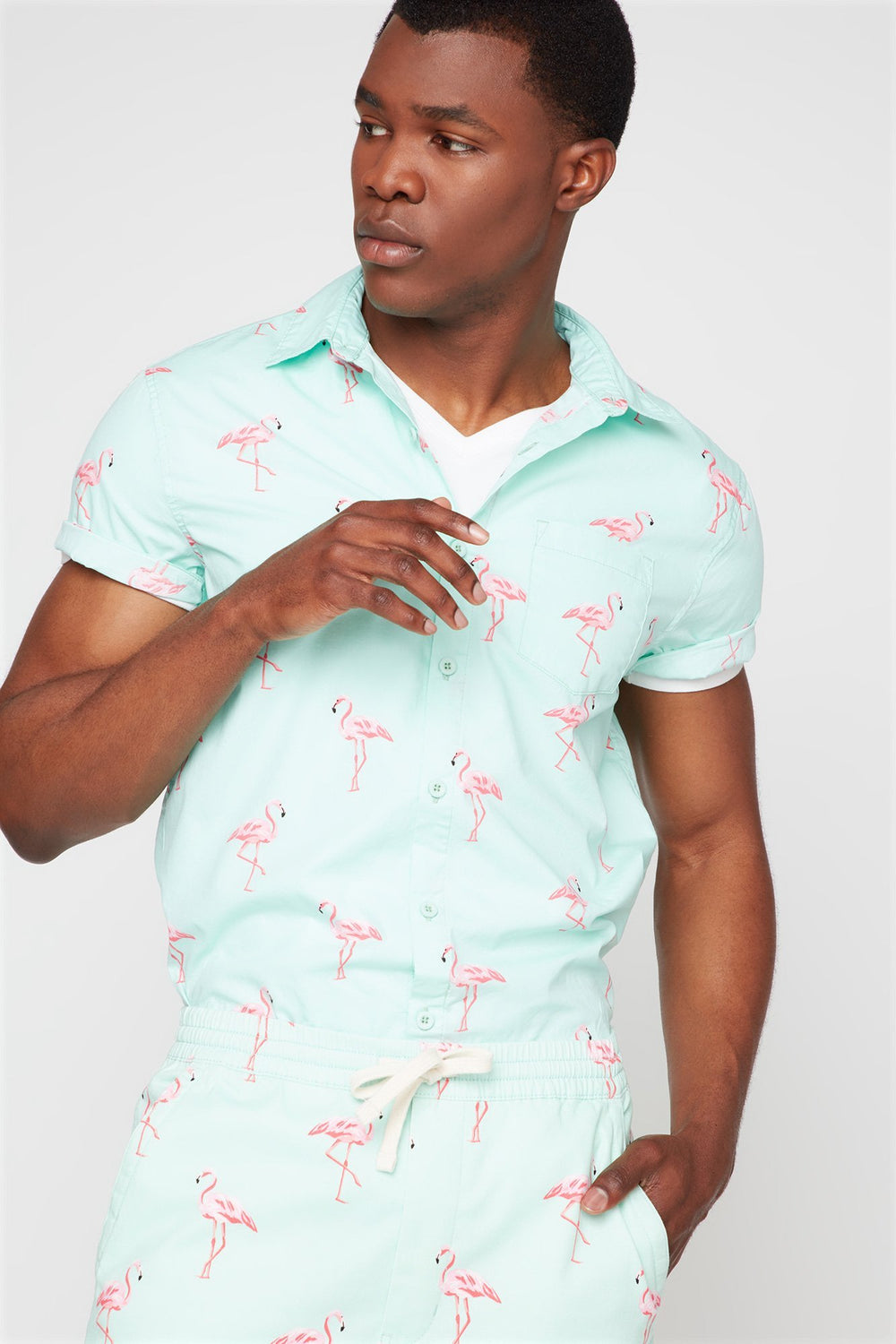 Men Chemise boutonnée imprimée à manches courtes Jade