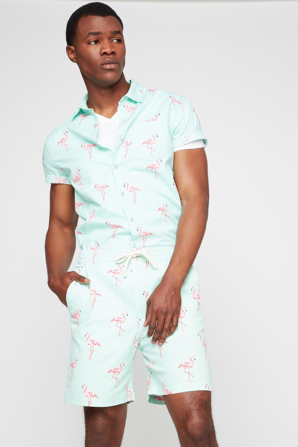Men Printed Short Sleeve Button-Up Shirt Jade