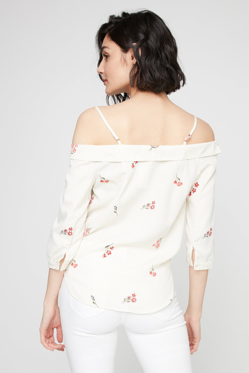 Women Blouse boutonnée rayée nouée devant à épaules dénudées Jaune pâle