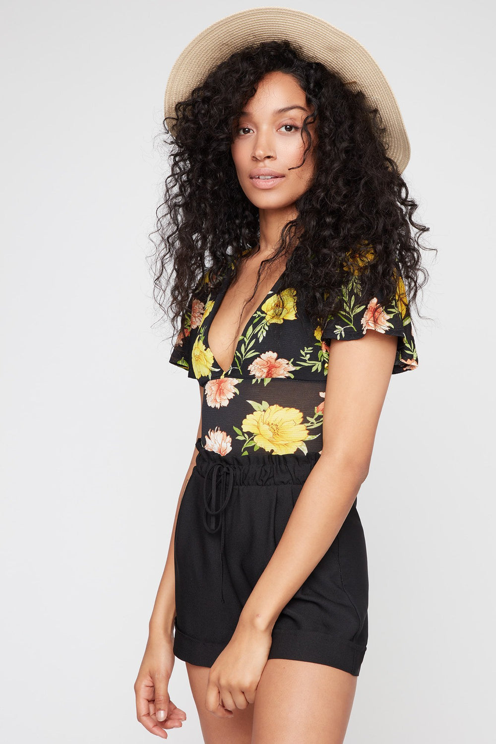 Women Maillot fleuri à manches évasées Jaune