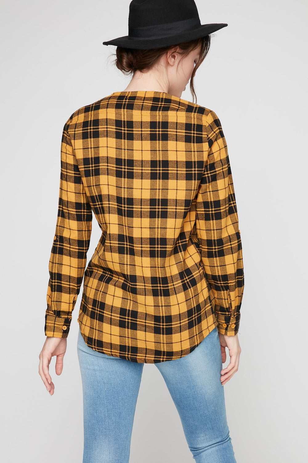 Women Blouse boutonnée lacée à carreaux Jaune
