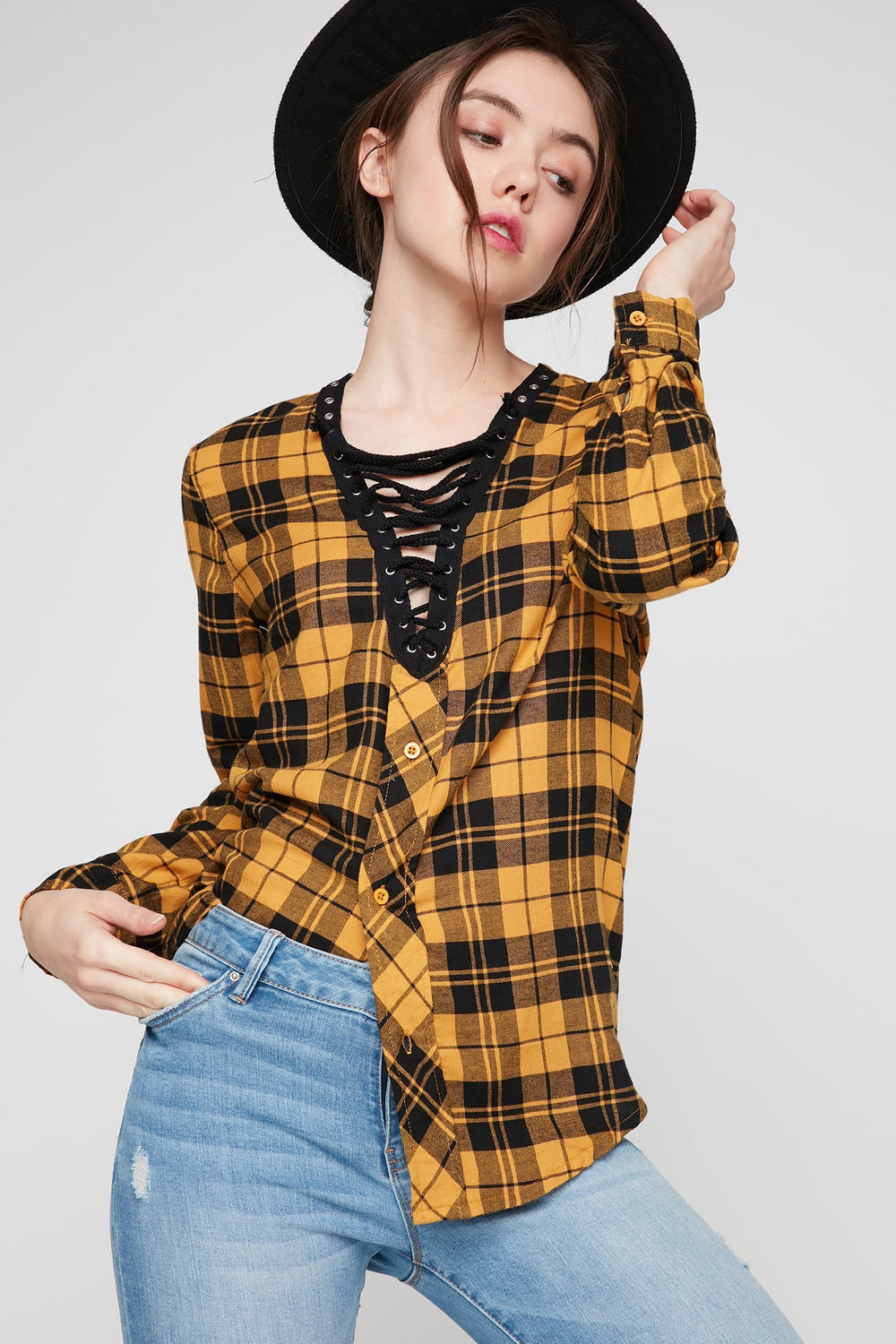Women Blouse boutonnée lacée à carreaux Jaune