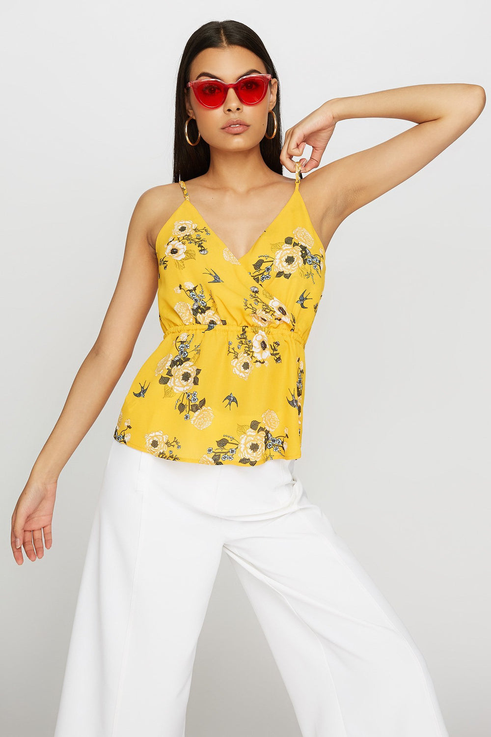 Women Blouse fleurie à encolure en V et taille coulissante Jaune