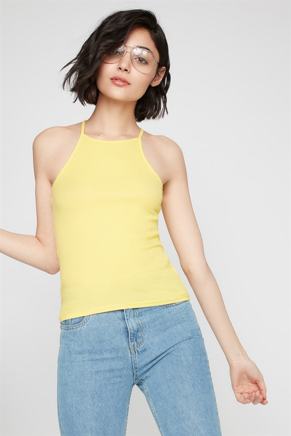 Women Camisole côtelée à col roulé Jaune