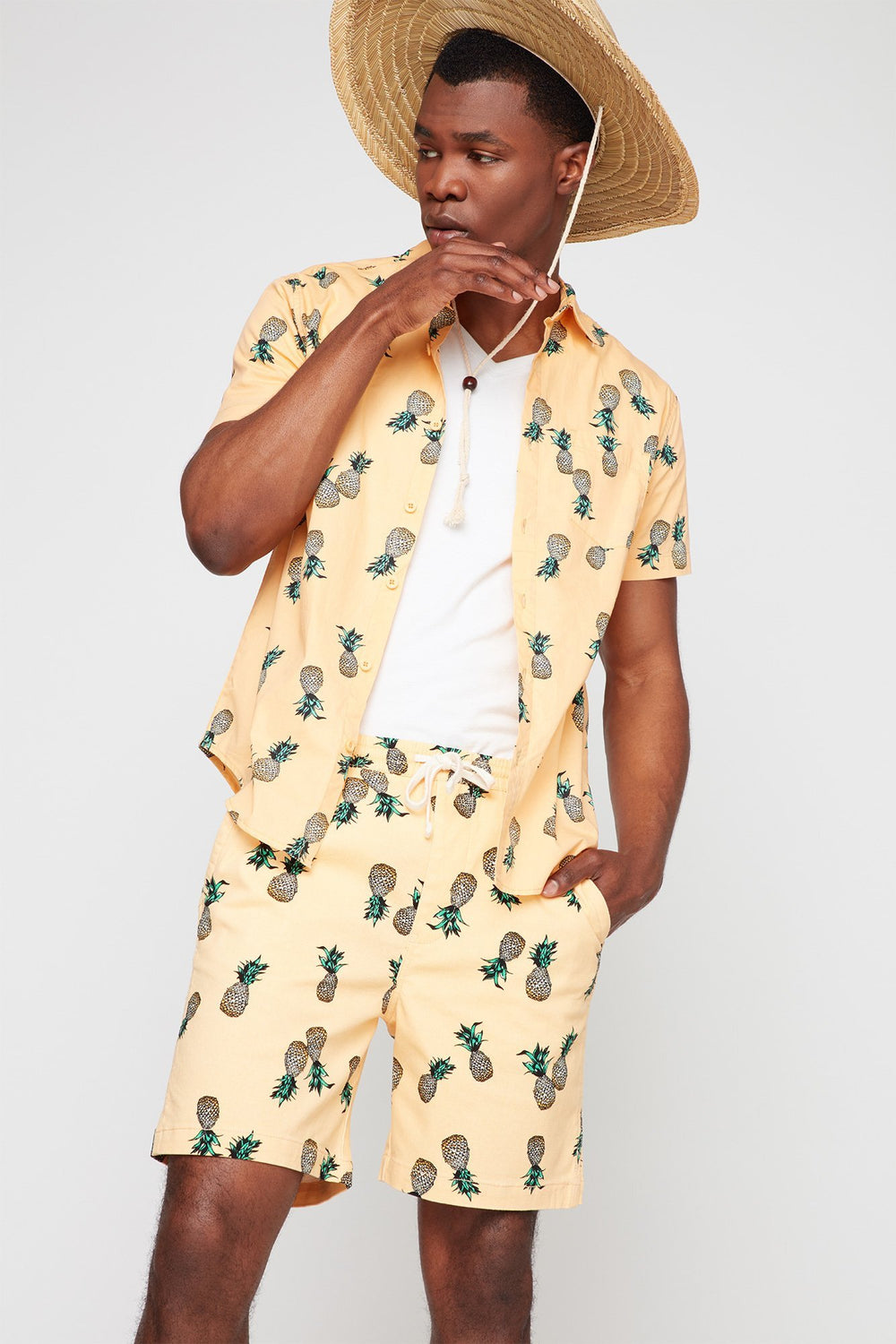 Men Chemise boutonnée imprimée à manches courtes Jaune