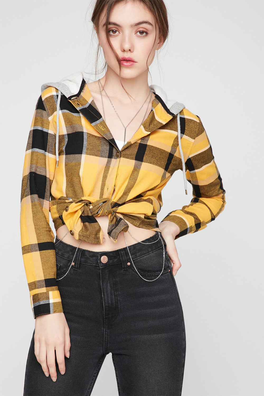 Women Chemisier boutonné à capuchon en tissu bouclette à carreaux Jaune
