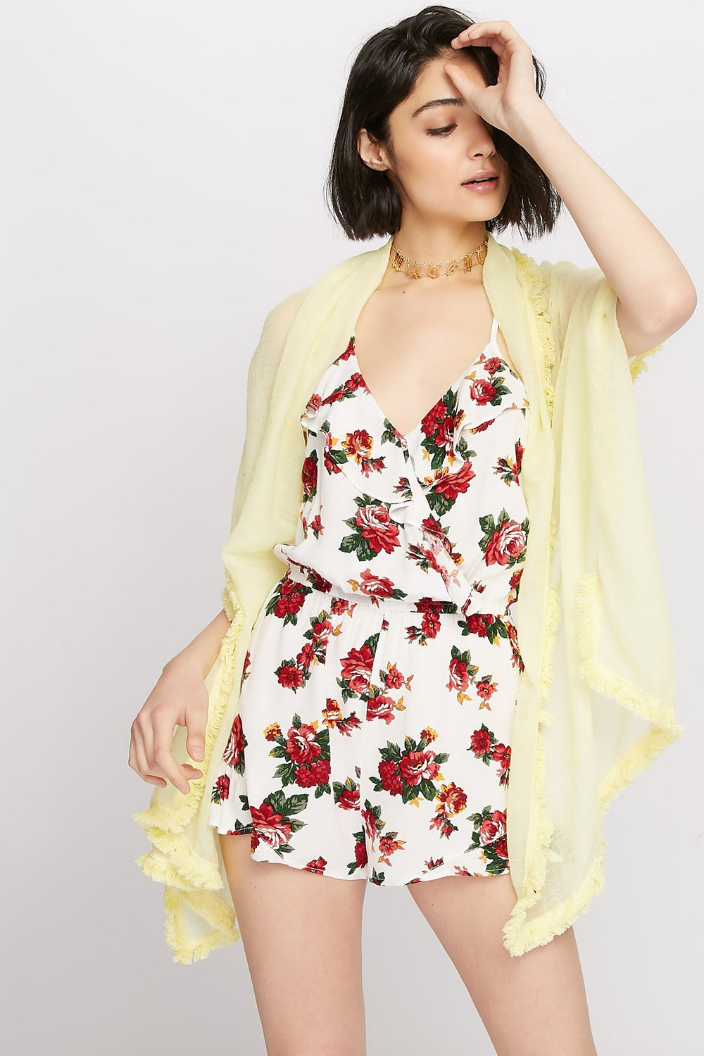 Women Écharpe en tricot avec franges Jaune