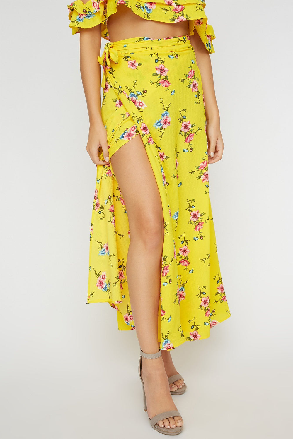 Women Jupe maxi enveloppante fleurie à taille haute avec attache Jaune